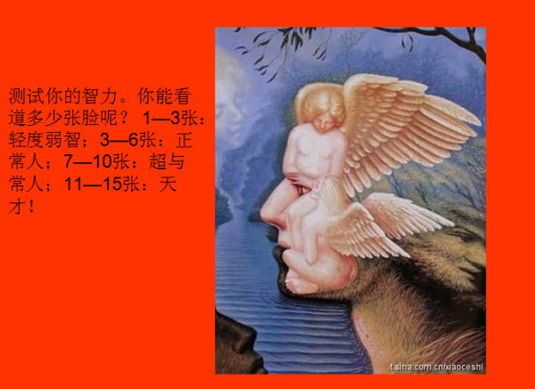 测试你的智力。你能看道多少张脸呢？ 1—3张：轻度弱智；3—6张：正常人；7—10张：超与常人；11—15张：天才！