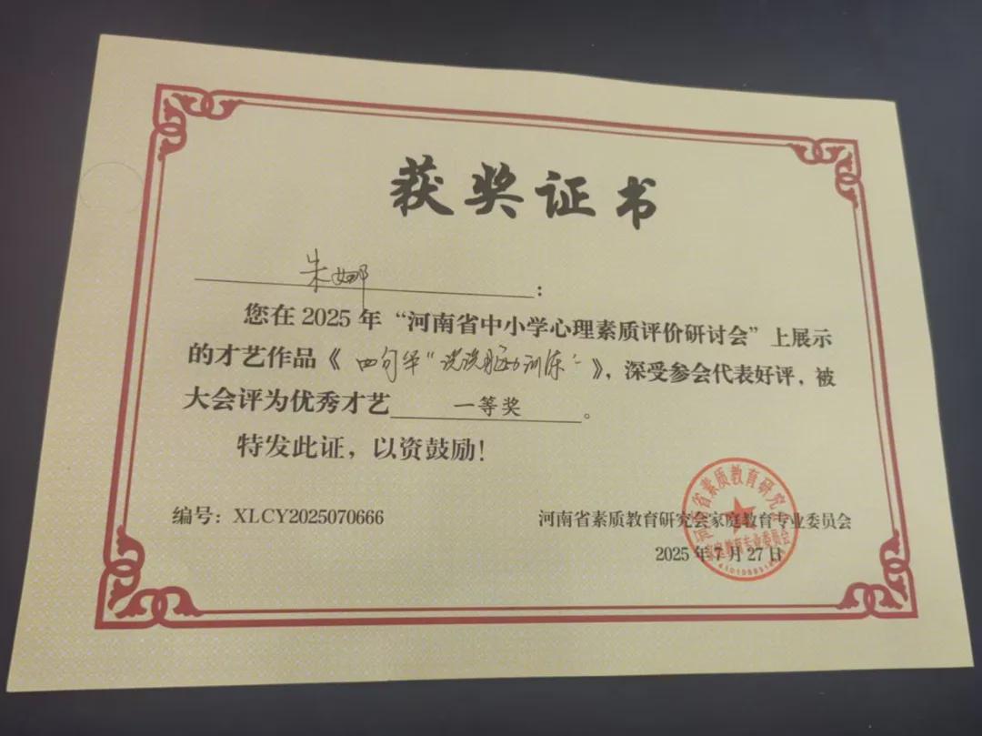 朱娜老师获奖证书